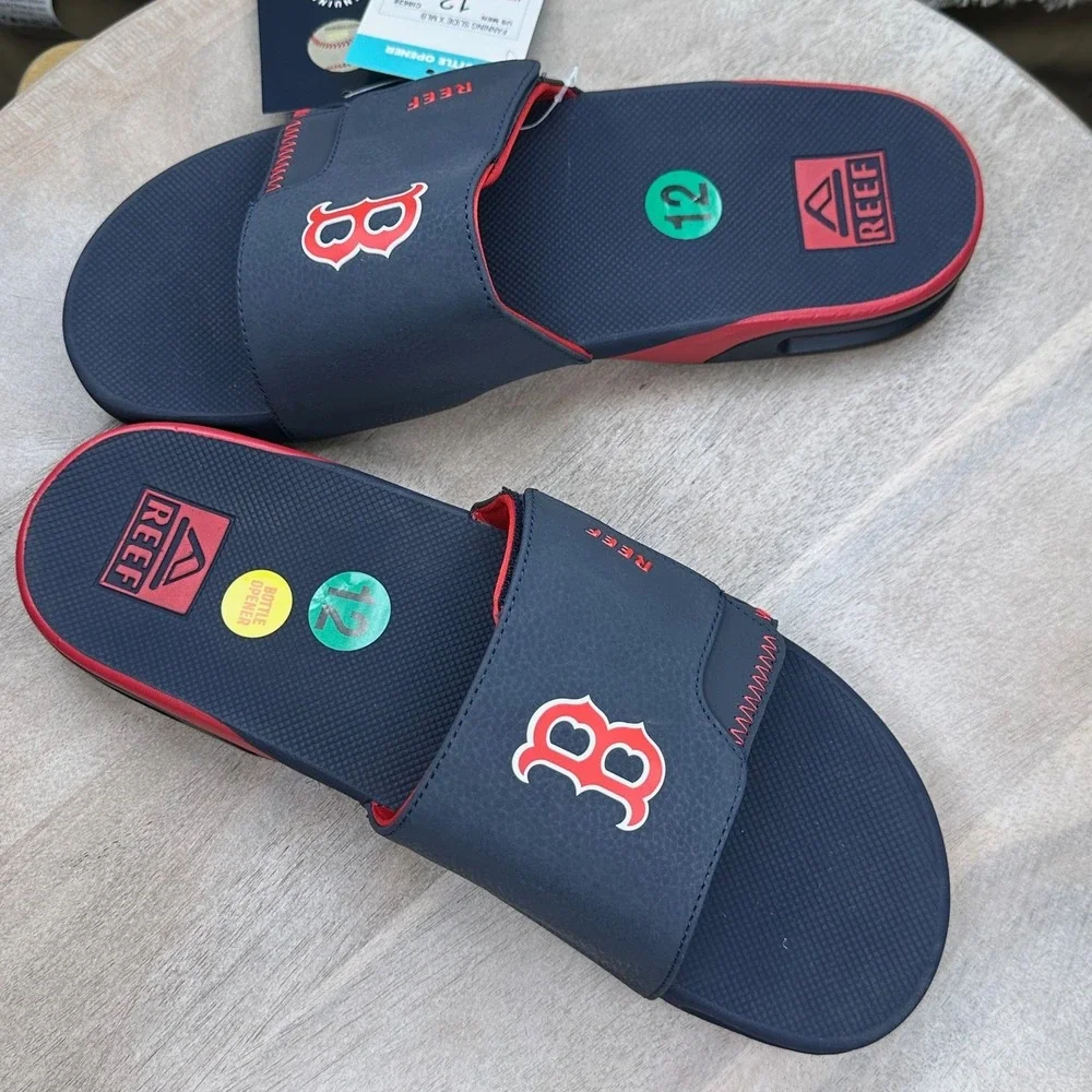 Boston Red Sox Reef Fanning Slides Mens 12 MLB Sandals Bottle Opener NWT